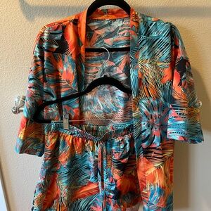 Tropical Print Kimono and Shorts Set